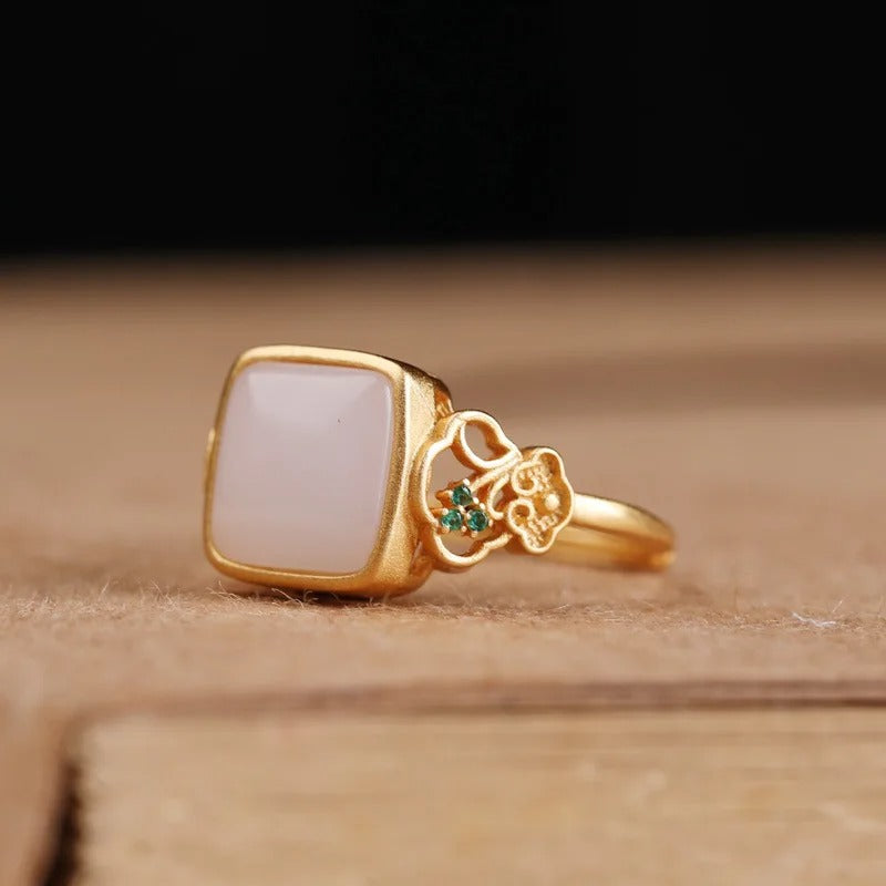Vintage Gold Square White Stone & Floral Accent Adjustable Ring