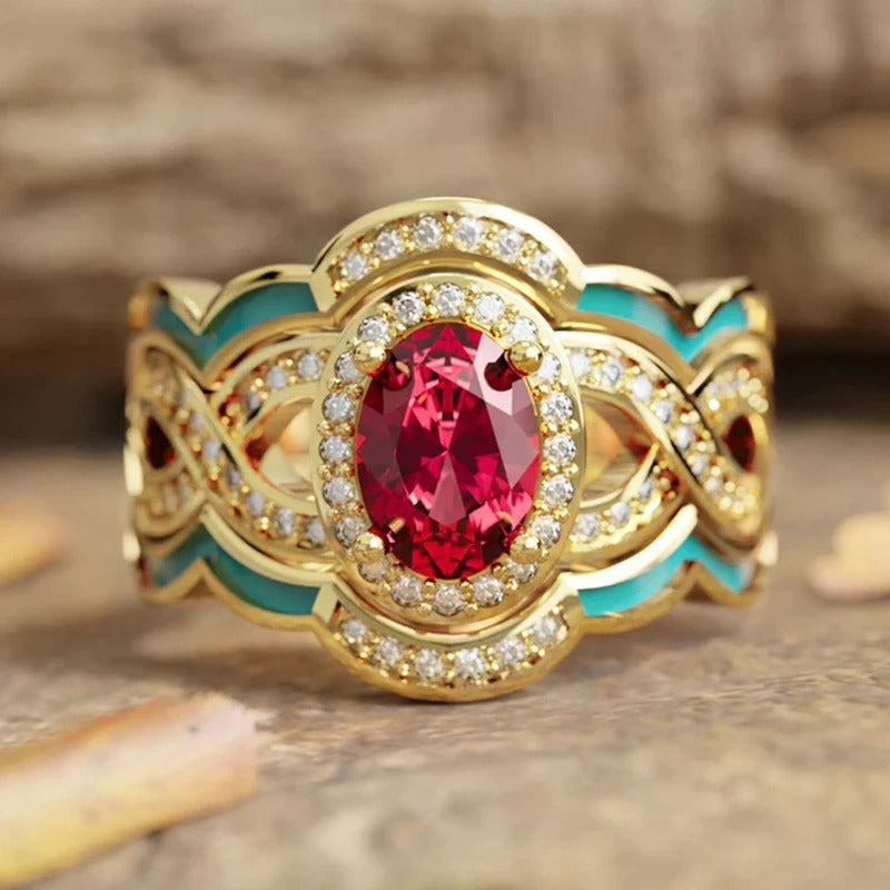 Vintage Gold Red Gem Crystal Ring