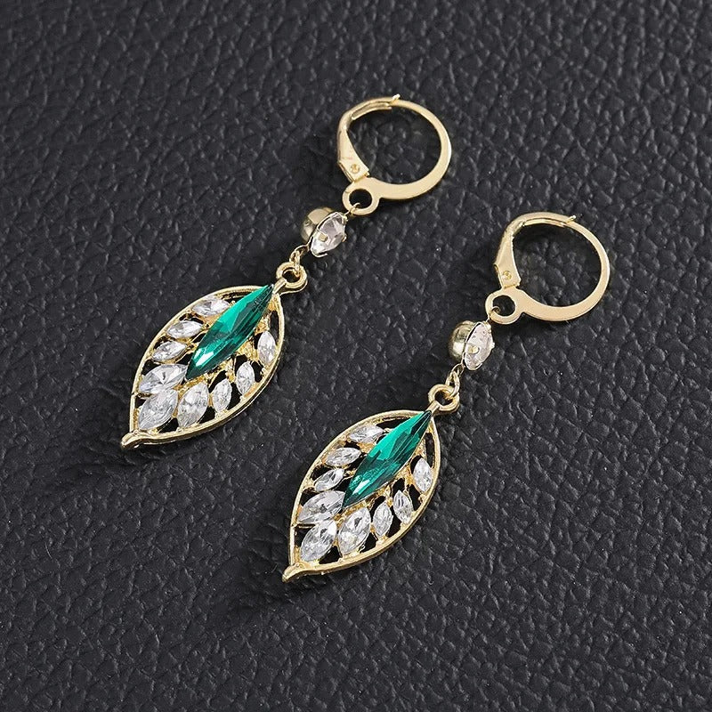 Gold Green Hollow Leaves Dangle Earrings