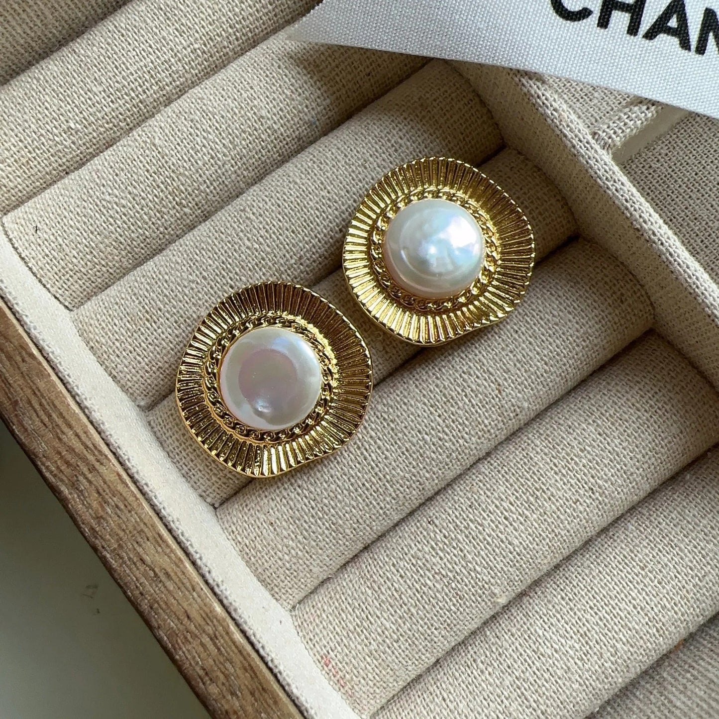 Classic Round Gold Rim Pearl Earrings