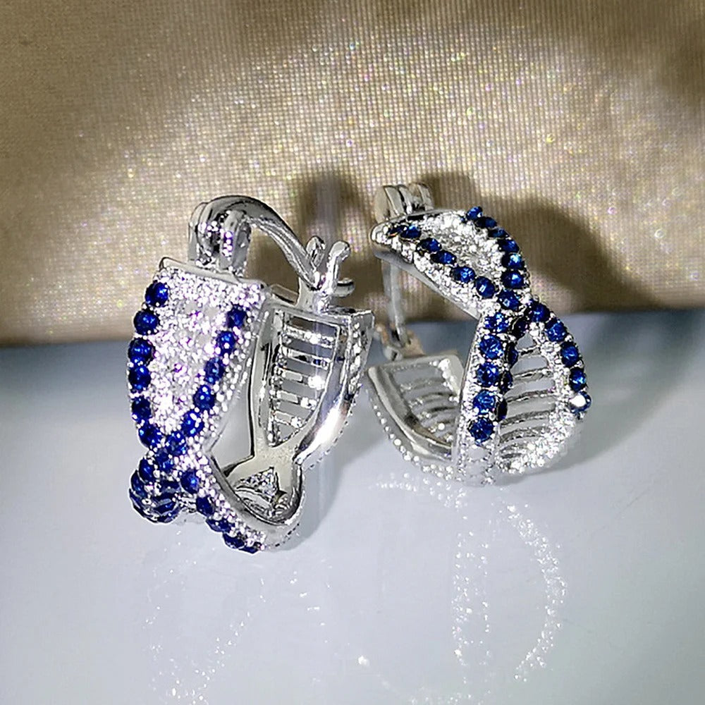 Silver Blue Crystal Hoop Earrings