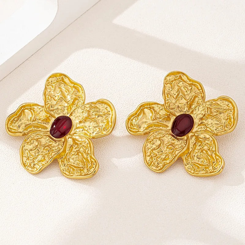 Classic Gold Flower Oval Red Stone Earrings
