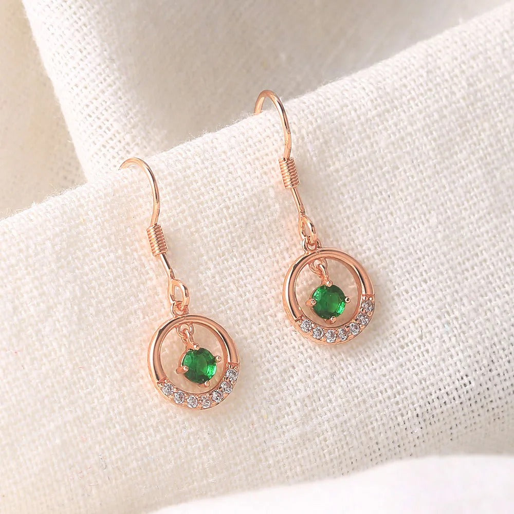 Classic Rose Gold Green Gem & Crystal Ring Drop Earrings