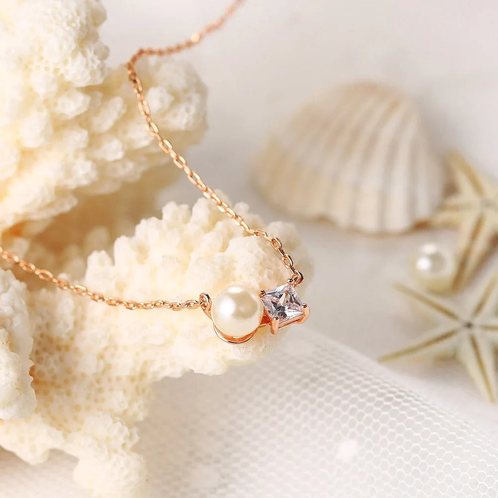 Classic Rose Gold Pearl & Sparkling Gem Necklace