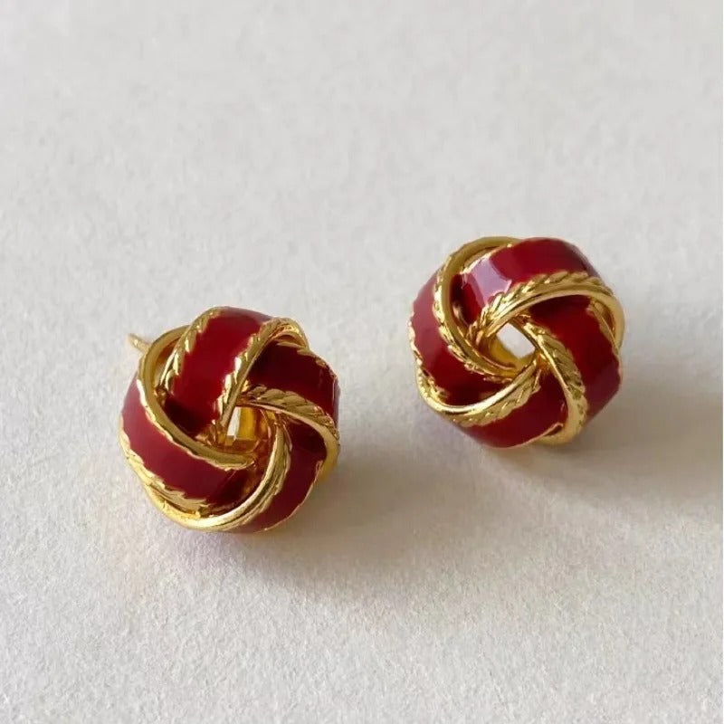 Gold-Plated Red Knot Design Stud Earrings