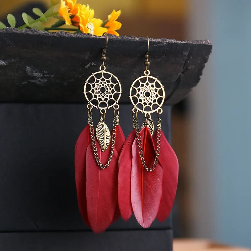 Vintage Dreamcatcher & Red Feather Dangle Earrings