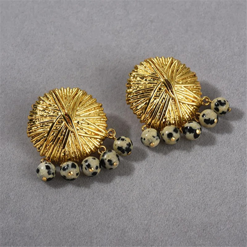 Retro Gold Dalmatian Stone Dangle Earrings
