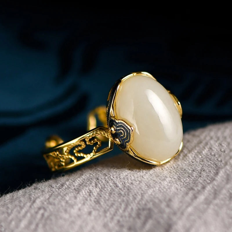Classic Gold White Gemstone Jade Oval Adjustable Ring