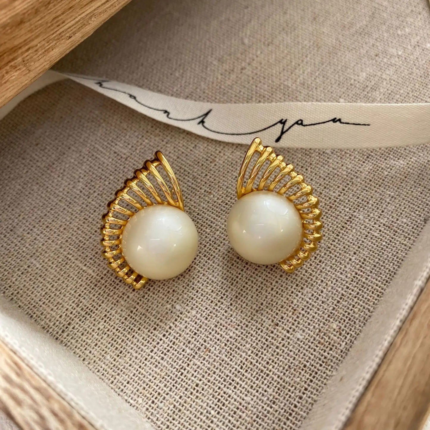 Gold Radiant White Round Pearl Earrings