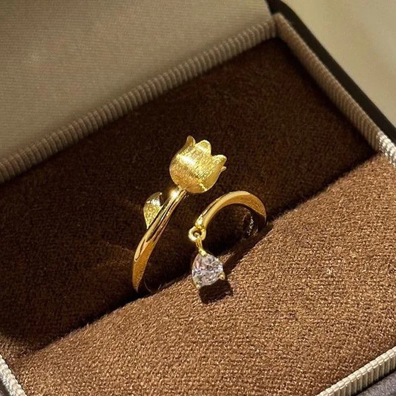 Classic Gold & Lily-Shaped Diamond Accent Adjustable Ring
