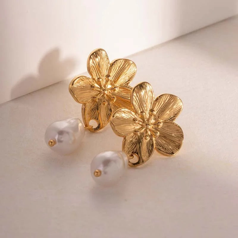 Gold Plated Flower Pearlescent Drop Earrings