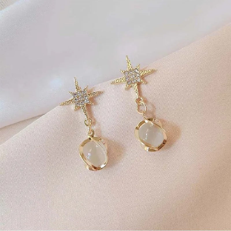 Gold Star & Stone Drop Earrings