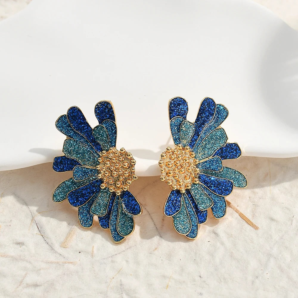 Vintage Blue Glitter Flower Gold Earrings