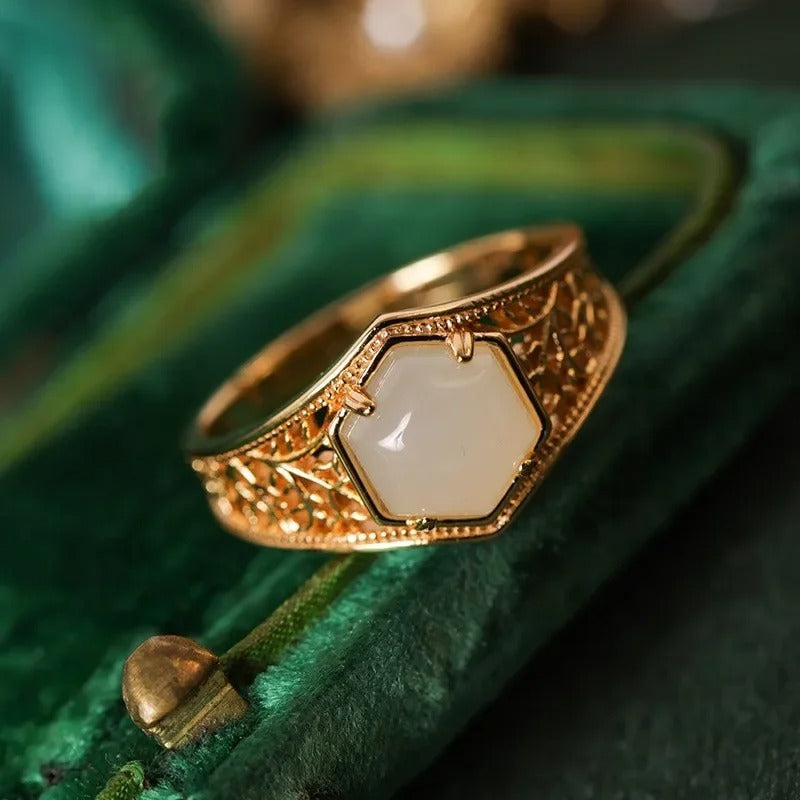 Vintage Gold & Hexagonal White Stone Filigree Adjustable Ring