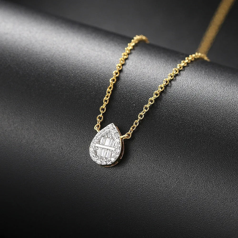 Gold Teardrop Crystal Pendant & Halo Necklace