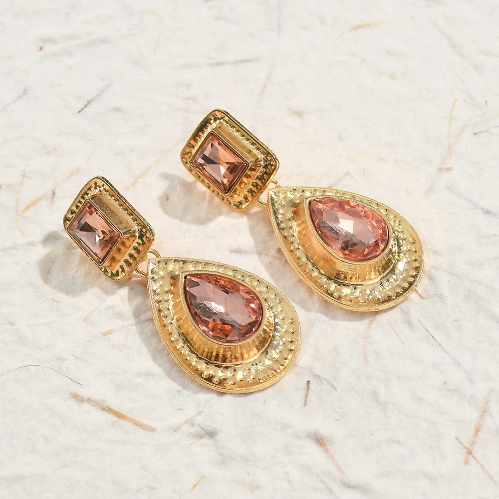 Vintage Gold Pink Gemstone Teardrop Earrings