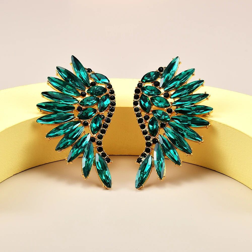 Vintage Gold & Teal Winged Crystal Earrings