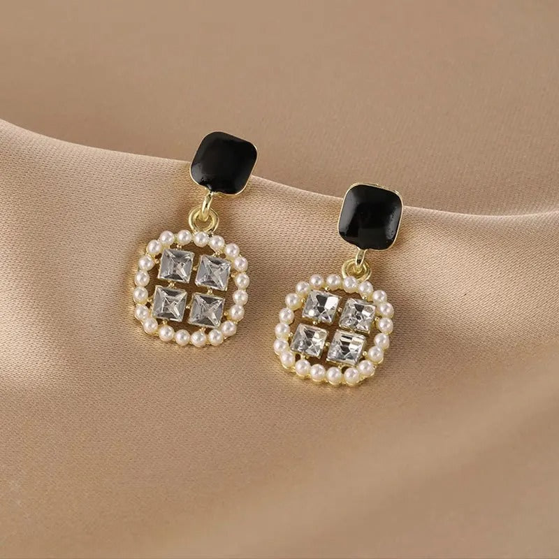 Pearl & Crystal Circle Square Dangle Earrings