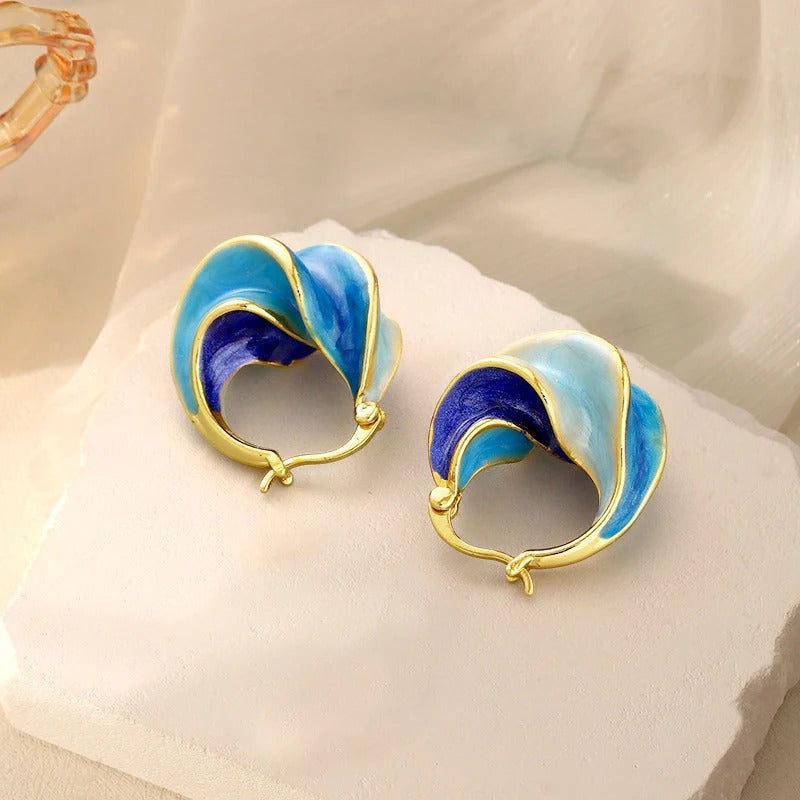 Gold & Blue Wave Hoop Earrings