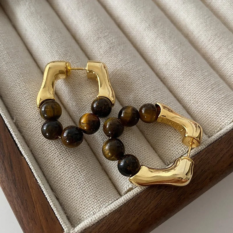 Vintage Gold & Tiger Eye Beaded Hoop Earrings