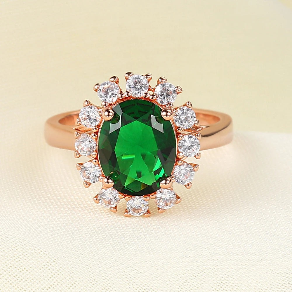 Classic Rose Gold Oval Green Stone & Brilliant Paved Halo Ring