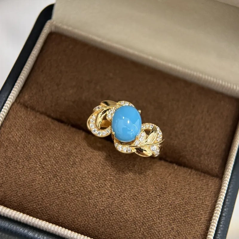 Retro Gold & Blue Stone Leaf Design Ring