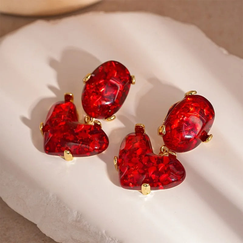 Vintage Red Heart Glass Pendant Earrings