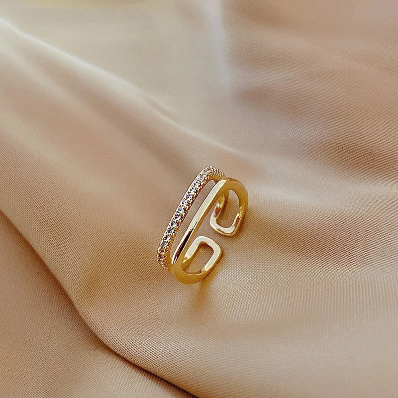 Gold Double Band & Crystal Adjustable Ring