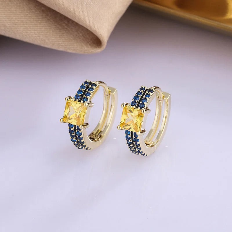 Classic Gold Yellow & Blue Square Gemstone Hoop Earrings
