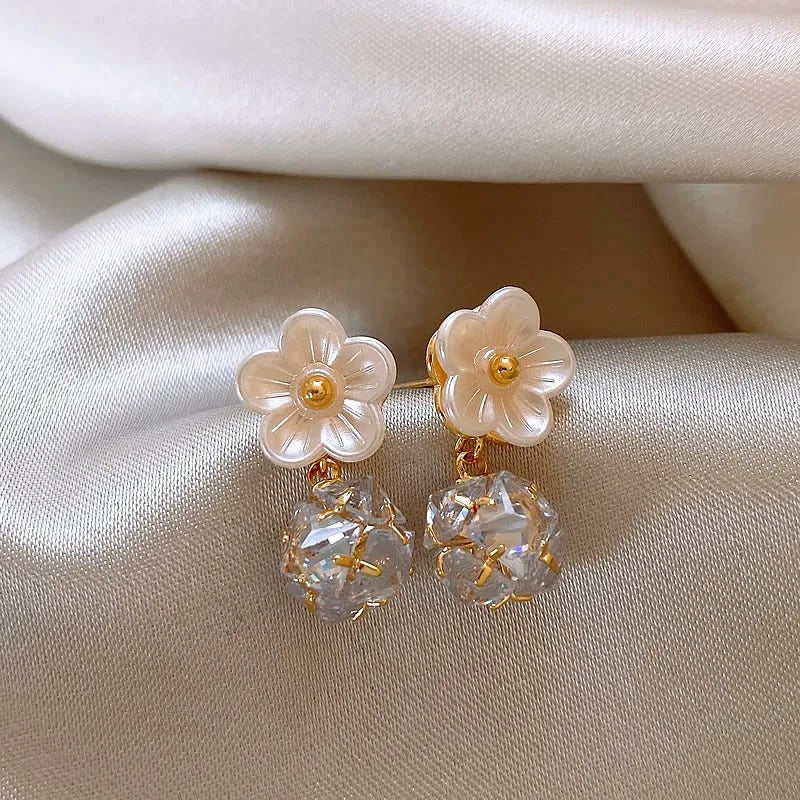 White Petals Zirconia Ball Pendant Earrings