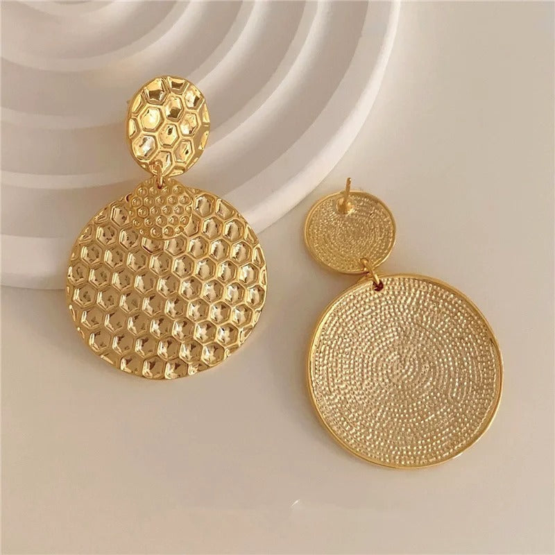 Vintage Gold Honeycomb Textured Drop Earrings