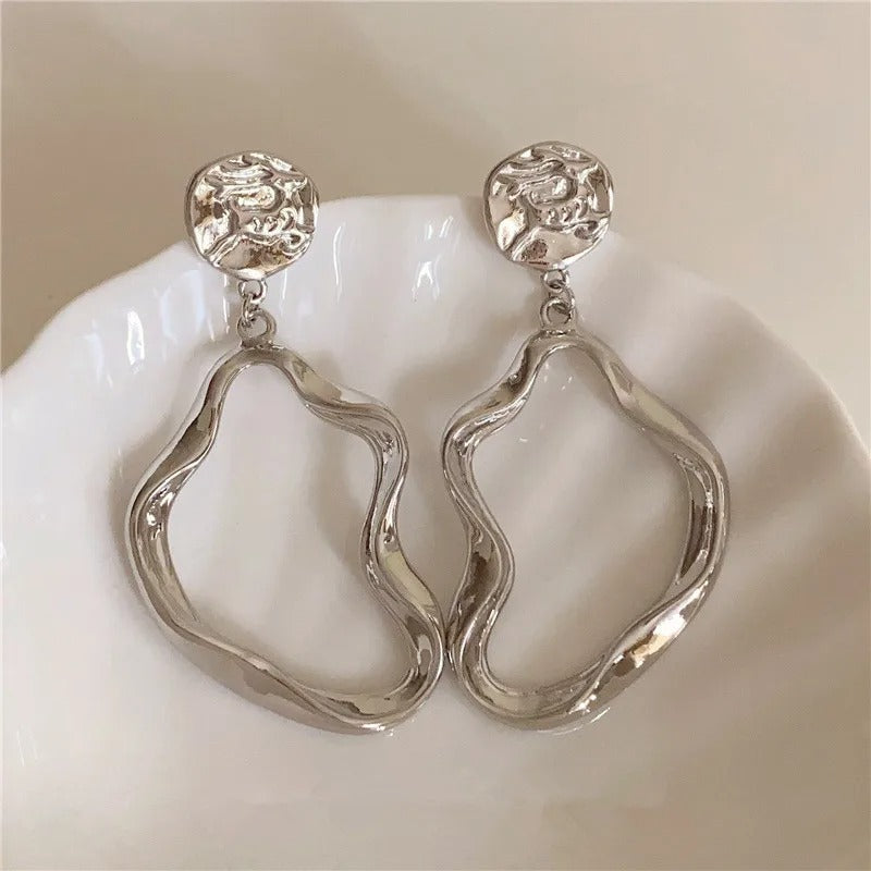 Silver Contemporary Wave Circle Drop Earrings