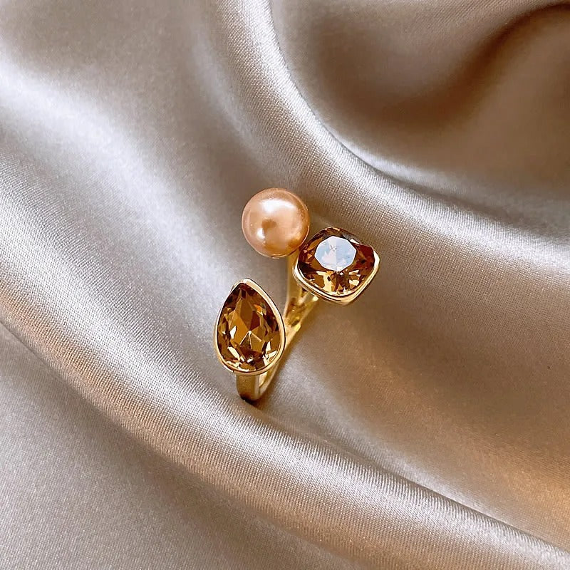 Vintage Crystal Champagne Pearl Adjustable Ring