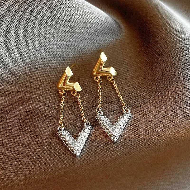 Gold & Silver V-Shaped Crystal Drop Earrings