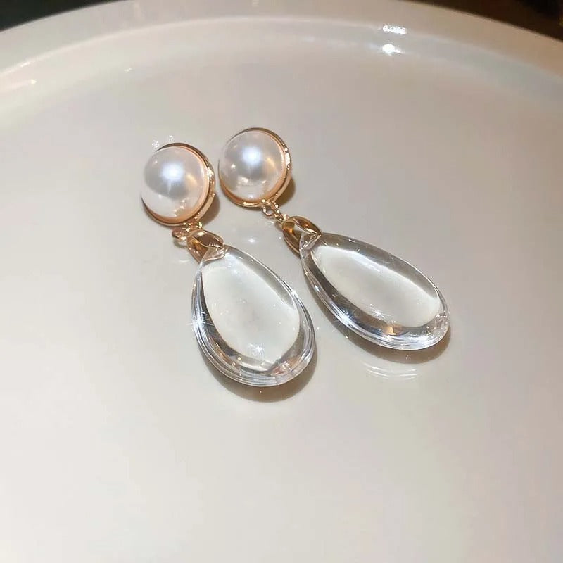 Classic Gold Pearl Big Crystal Pendant Earrings