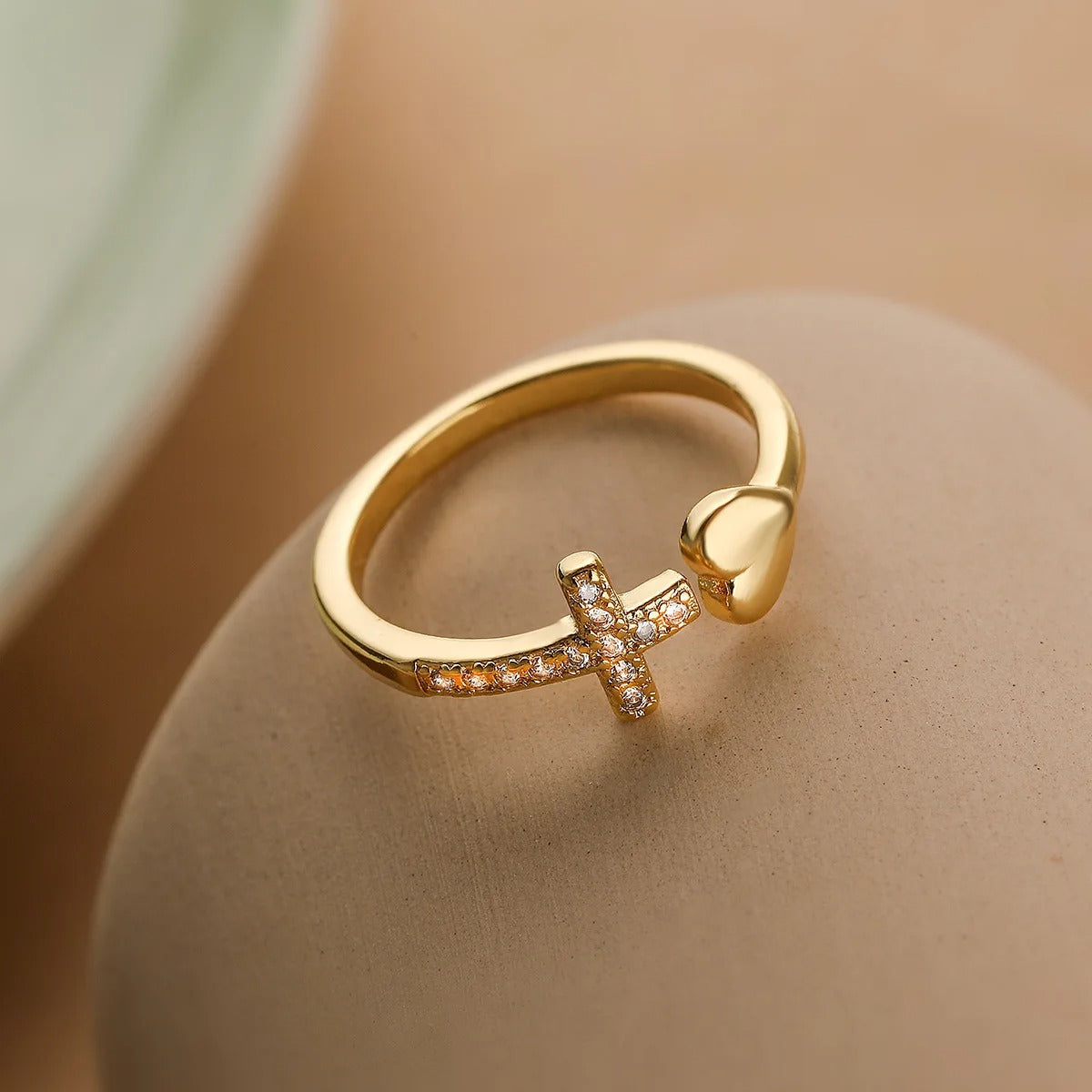 Gold Religious Cross Heart Resizable Ring