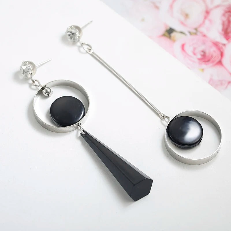 Silver Black Circle Triangle Drop Earrings