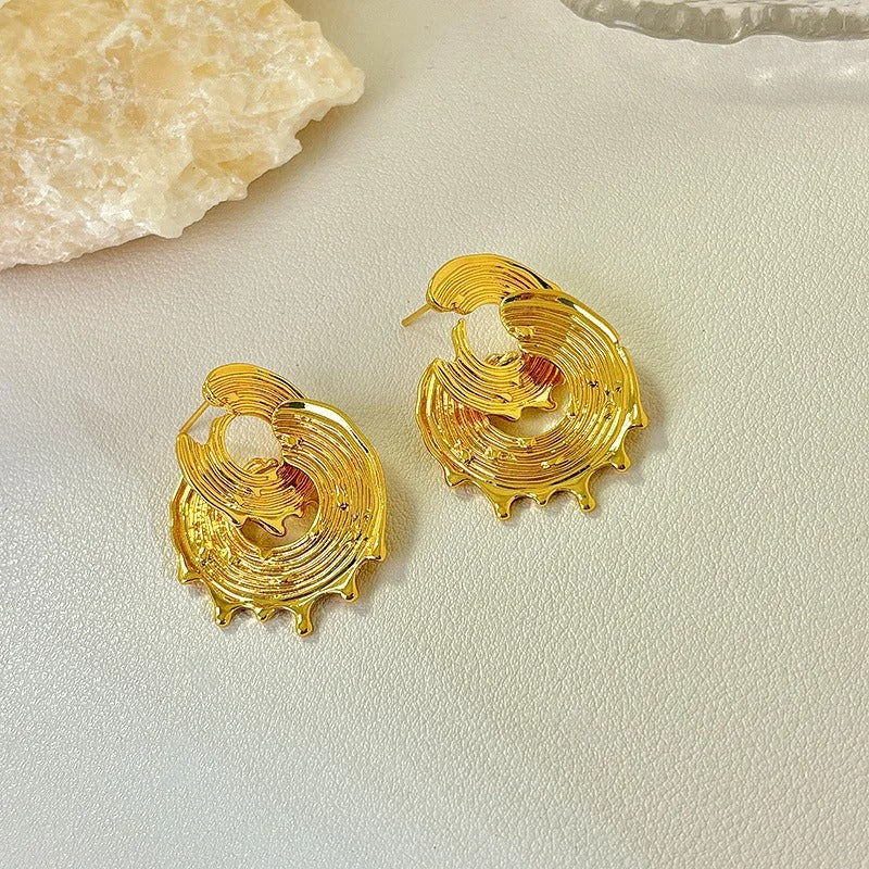 Vintage Gold Wave Round Double Hoop Stud Earrings