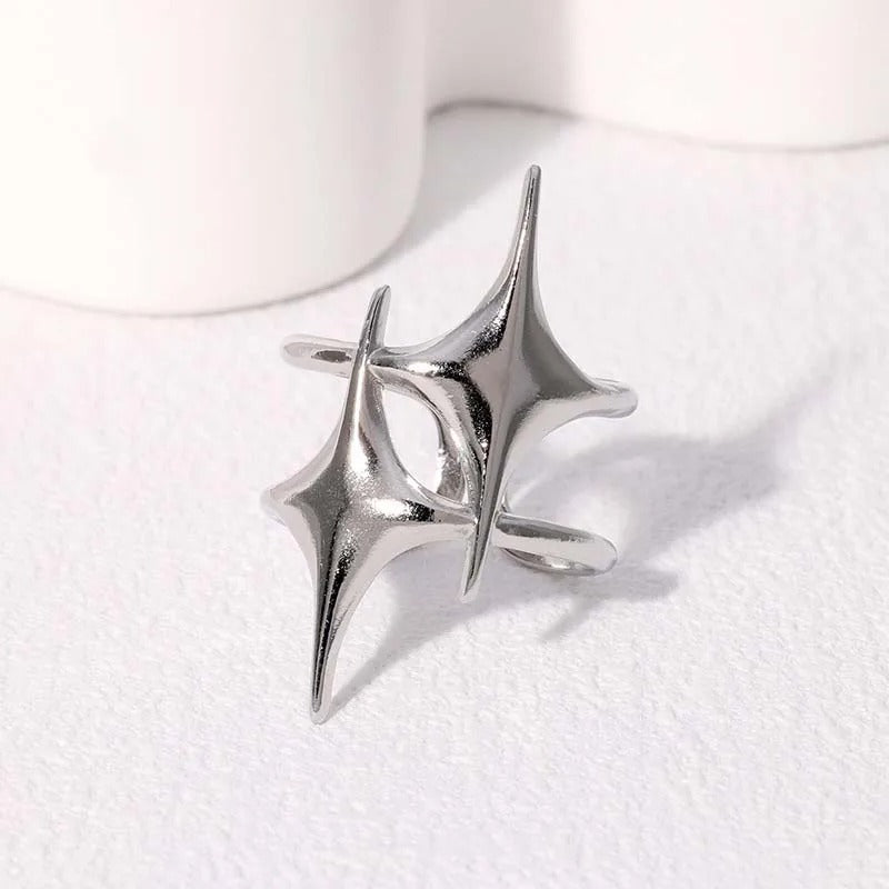 Silver Star-Shaped Sculptural Adjustable Ring