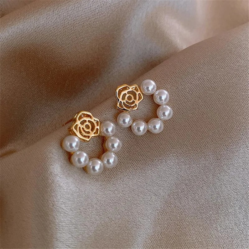 Gold Pearl & Rose Floral Hoop Earrings