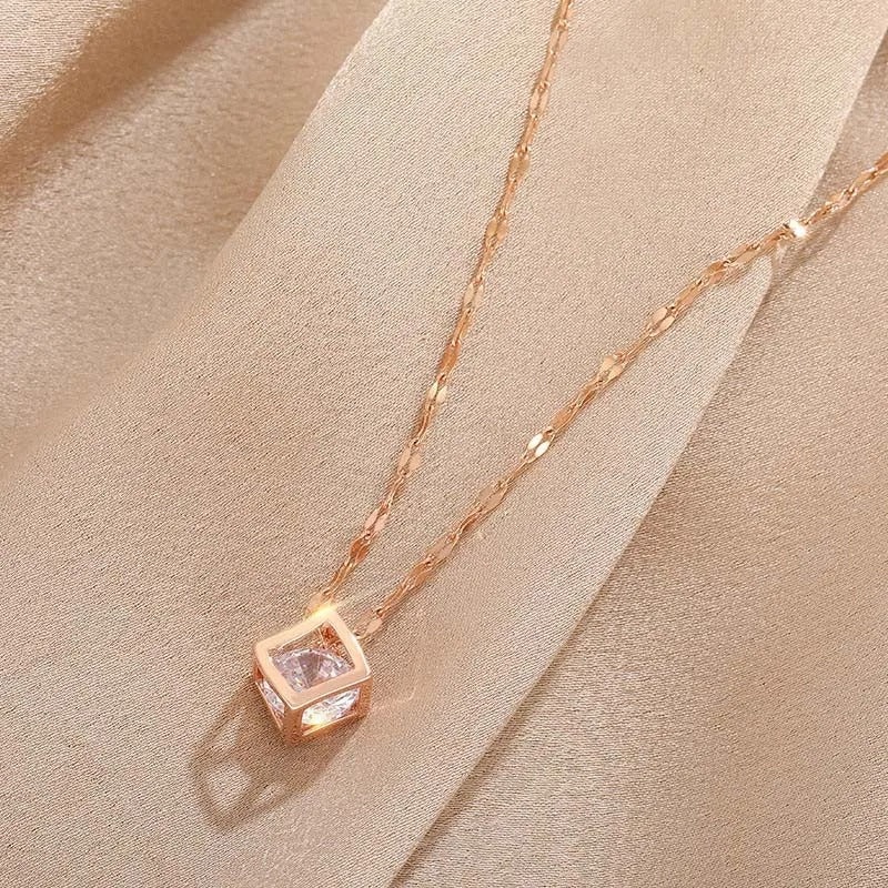Vintage Rose Gold Crystal-Studded Square Pendant Necklace