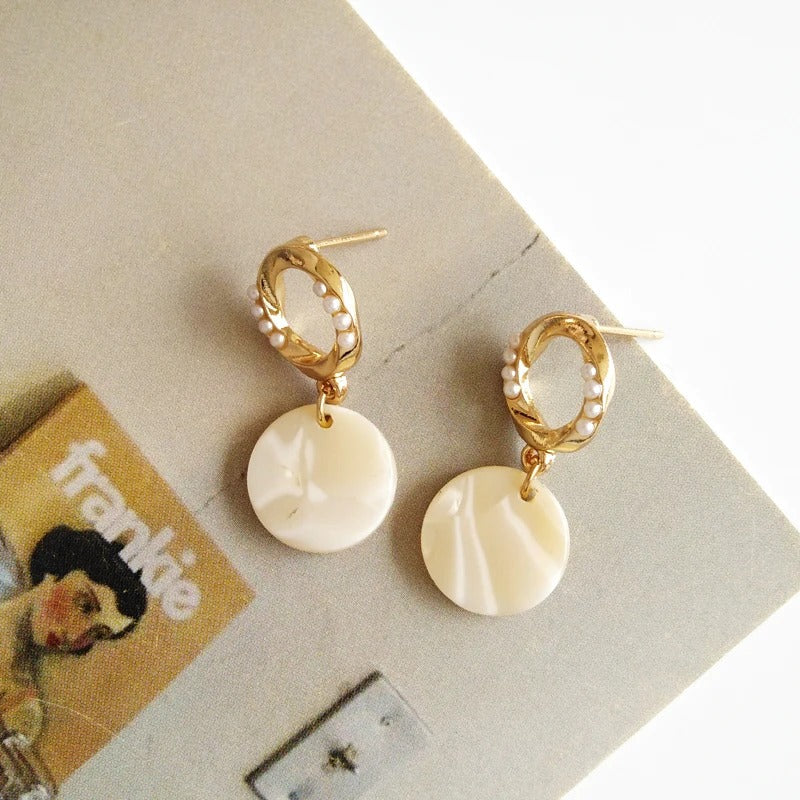 Gold & White Round Pearl Drop Earrings
