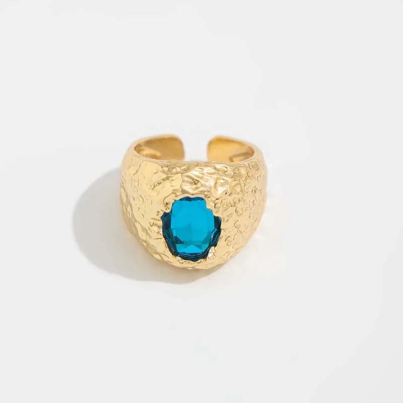 Gold Hammered Vibrant Blue Gemstone Adjustable Ring