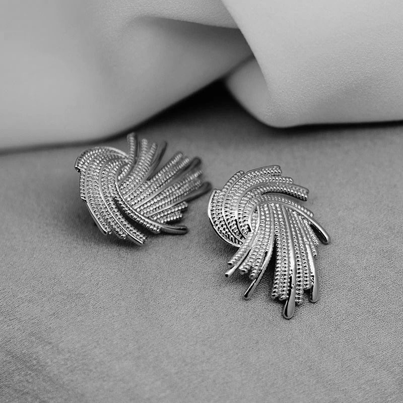 Silver Spiral Feather Design Stud Earrings