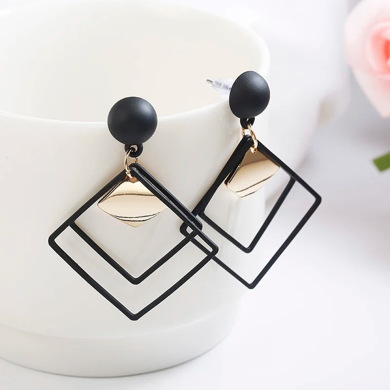 Vintage Black Square Gold Geometric Earrings