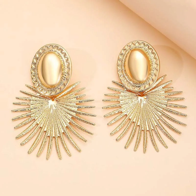 Gold Oval & Flared Sunburst Design Earrings