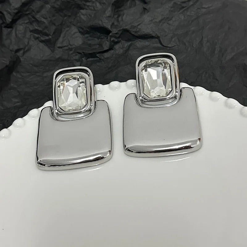 Silver Square Crystal Stud Earrings