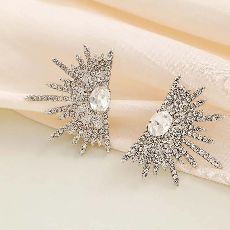Silver Crystal Oval Stone Starburst Earrings