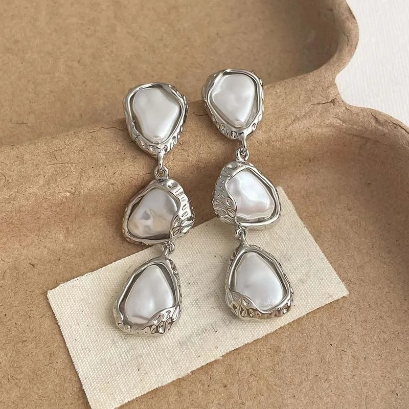 Silver Triangular Shaped Pearl Drop Earrings