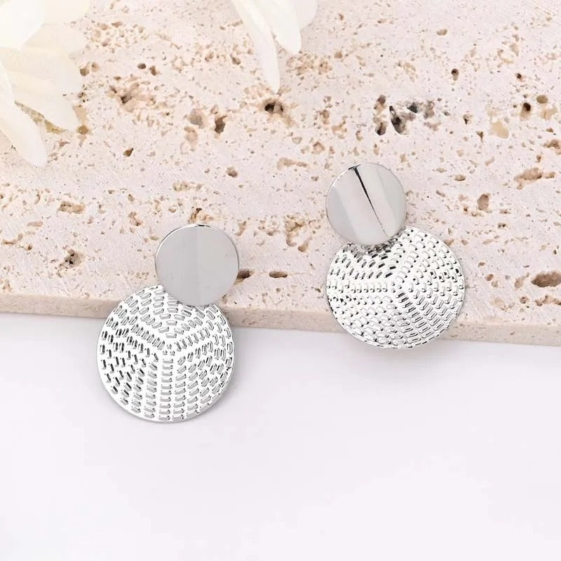 Silver Textured Geometric Disc Earrings